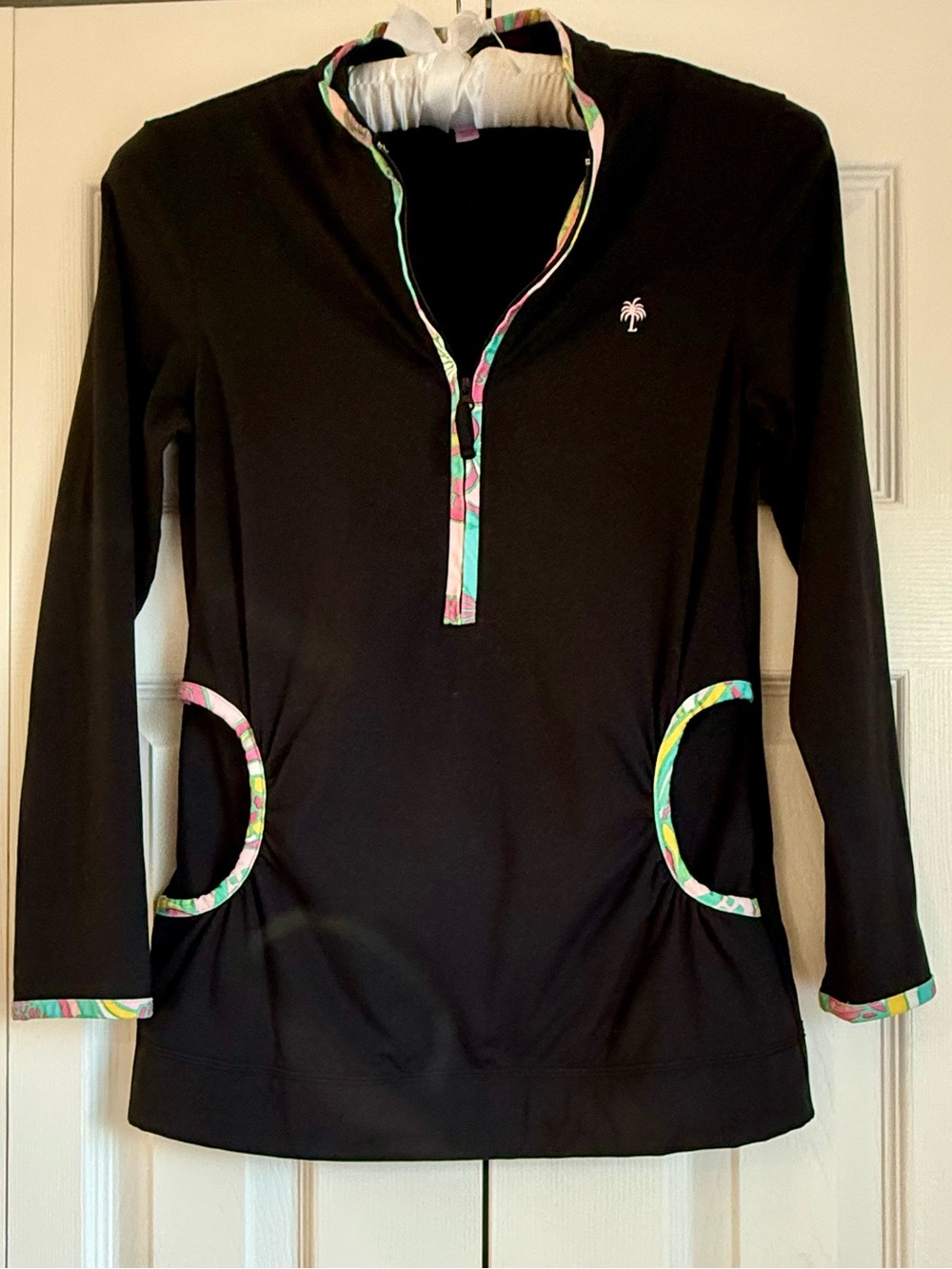 Lilly Pulitzer Black Athletic 3/4 Zip  Jacket with Multicolor Trim XS